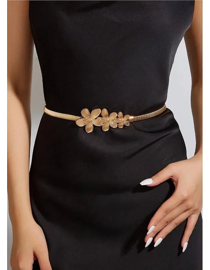 Elegant Metal Floral Waist Belt, Silver Tone Iron Alloy, Thin Stretch Design with Decorative Flower Buckle for Dresses and Casual Wear