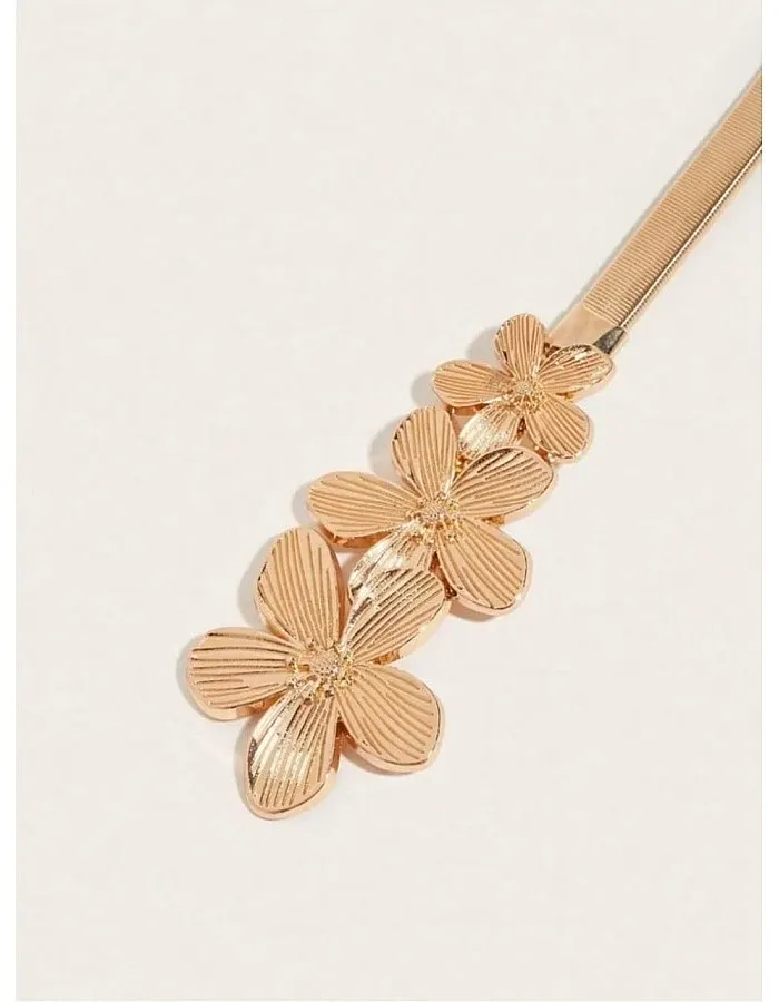Elegant Metal Floral Waist Belt, Silver Tone Iron Alloy, Thin Stretch Design with Decorative Flower Buckle for Dresses and Casual Wear