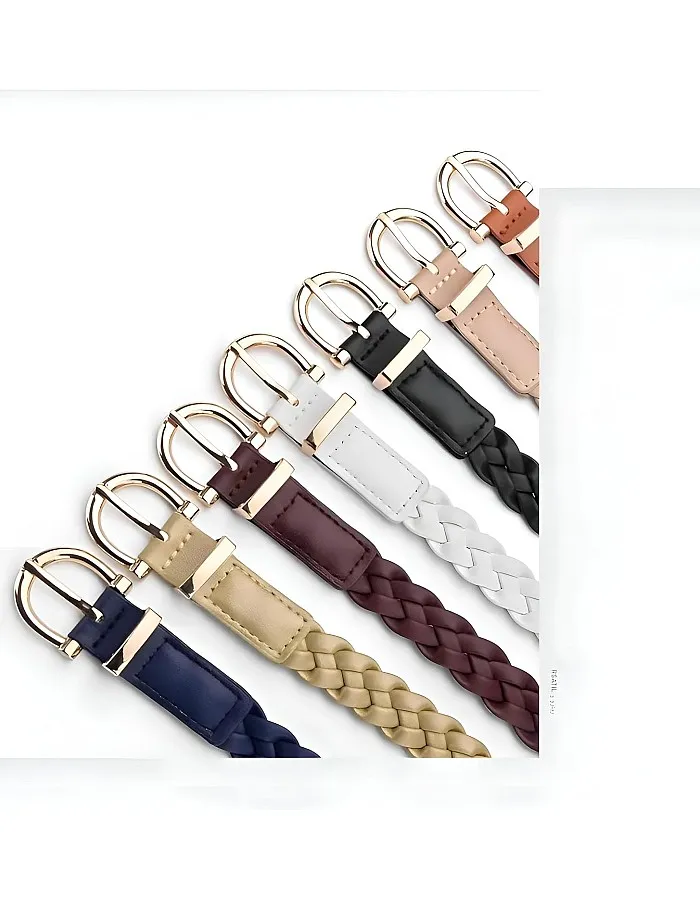 Jeans Pin Buckle Belt - Flat leather belt with sleek pin buckle and woven edge, tailored to complement slim-fit jeans effortlessly.