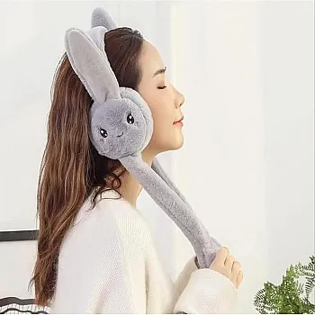 Plush Bunny Earmuffs with Moving Ears, Grey, Winter Warm Head Accessory