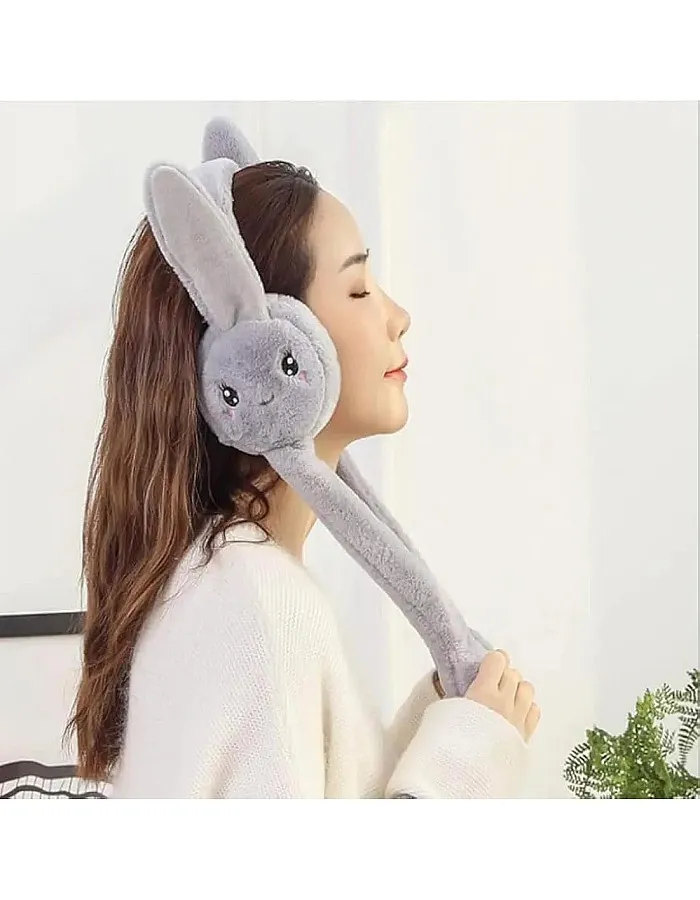 Plush Bunny Earmuffs with Moving Ears, Grey, Winter Warm Head Accessory