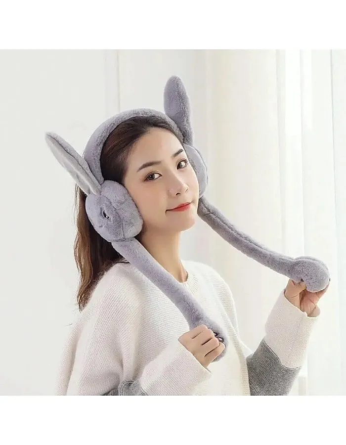 Plush Bunny Earmuffs with Moving Ears, Grey, Winter Warm Head Accessory