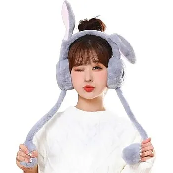 Plush Bunny Earmuffs with Moving Ears, Grey, Winter Warm Head Accessory