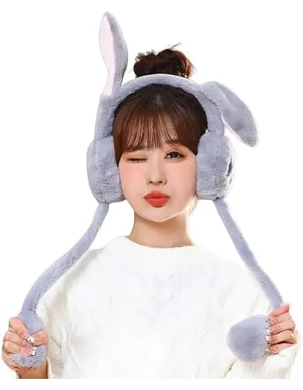 Plush Bunny Earmuffs with Moving Ears, Grey, Winter Warm Head Accessory