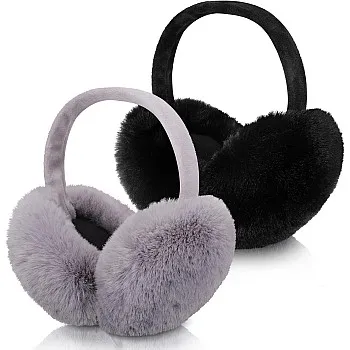 SATINIOR 2 Pcs Winter Ear Muffs Woman Cute Furry Faux Fur Ear Warmers Outdoor Foldable Headband for Cold Winter Accessories, Gray, Black, One size