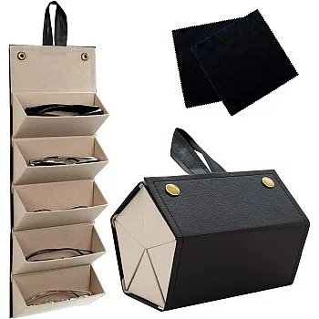 Sunglasses Case Organizer, 5 Slots and 2PCS Eyeglass Cloth, Foldable Travel Sunglasses Storage Box, Multiple Glasses Holder for Men Women (Black), Black, One size