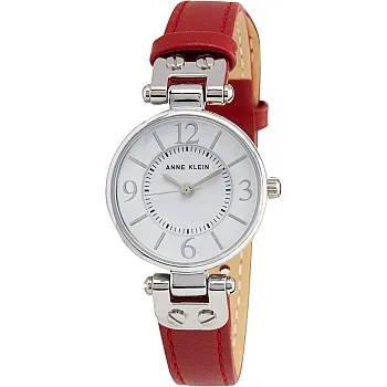 سوار جلدي لساعة نسائية من ان كلاين، تناظري، بمينا اللون البيج، بسوار أسود