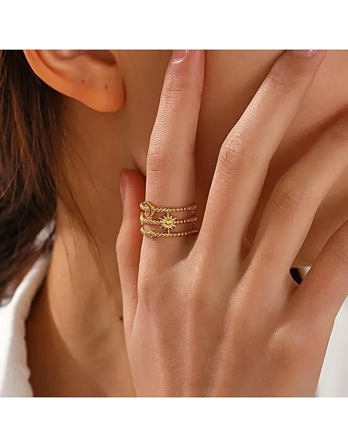 French Retro Multi-layer Hollow Star Moon Open Ring Trend Simple Stainless Steel Ring Adjustable