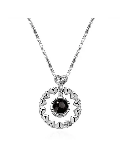 Retro Rounded Hearts 925 Sliver 100 Languages I Love You Projection Pendant Couple Necklace For Lovers 2023 Trendy Couple Romantic Jewelry (Silver)