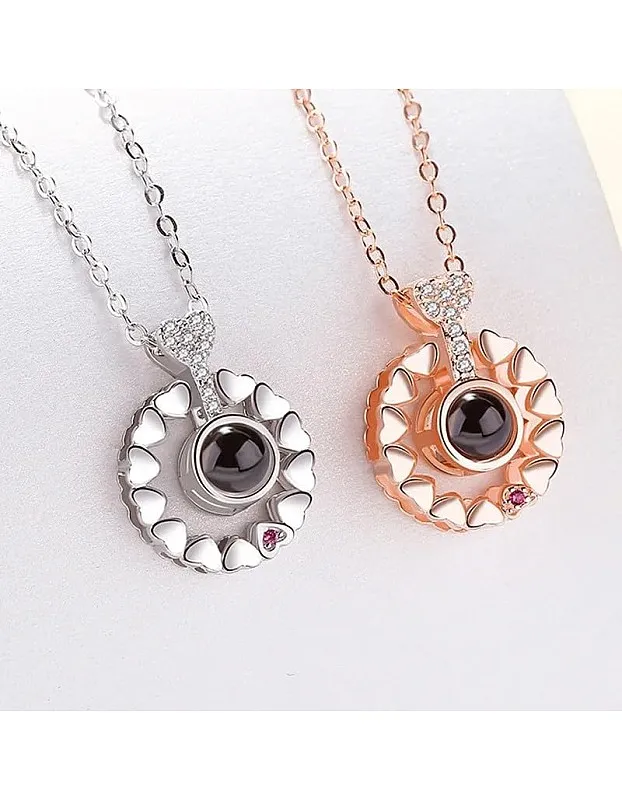 Retro Rounded Hearts 925 Sliver 100 Languages I Love You Projection Pendant Couple Necklace For Lovers 2023 Trendy Couple Romantic Jewelry (Silver)