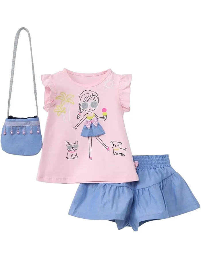 SIKA Girls Set of 3 Pieces Sleeveless T-Shirt&Shorts,Handbag Printed Girl Set of 3 Pieces