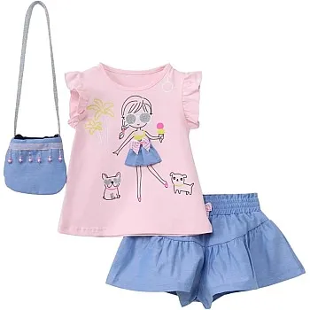SIKA Girls Set of 3 Pieces Sleeveless T-Shirt&Shorts,Handbag Printed Girl Set of 3 Pieces