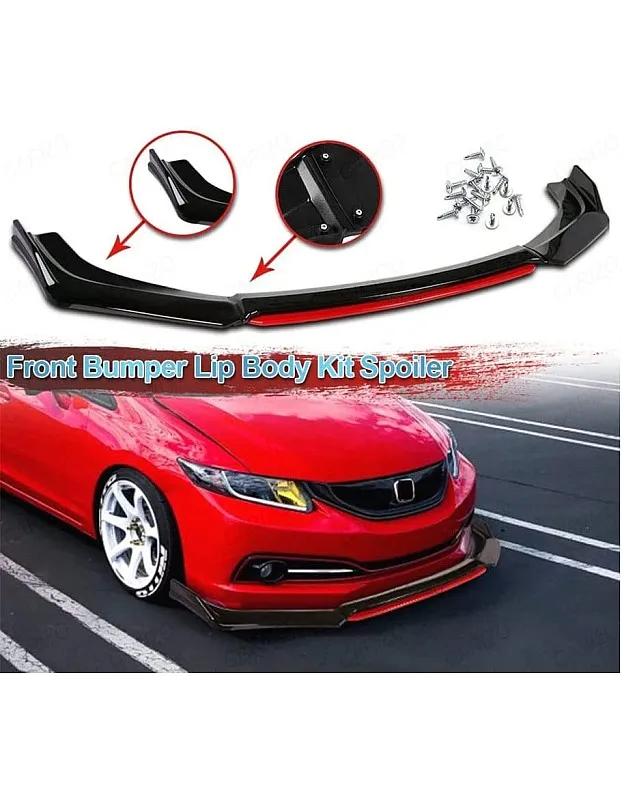 CARIZO Universal Car (4 Pcs, Glossy Black with Red Tongue) Front Bumper Lip Chin Spoiler Splitter Body Kit Compatible with Mahindra Verito