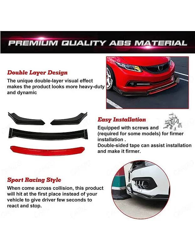 CARIZO Universal Car (4 Pcs, Glossy Black with Red Tongue) Front Bumper Lip Chin Spoiler Splitter Body Kit Compatible with Mahindra Verito