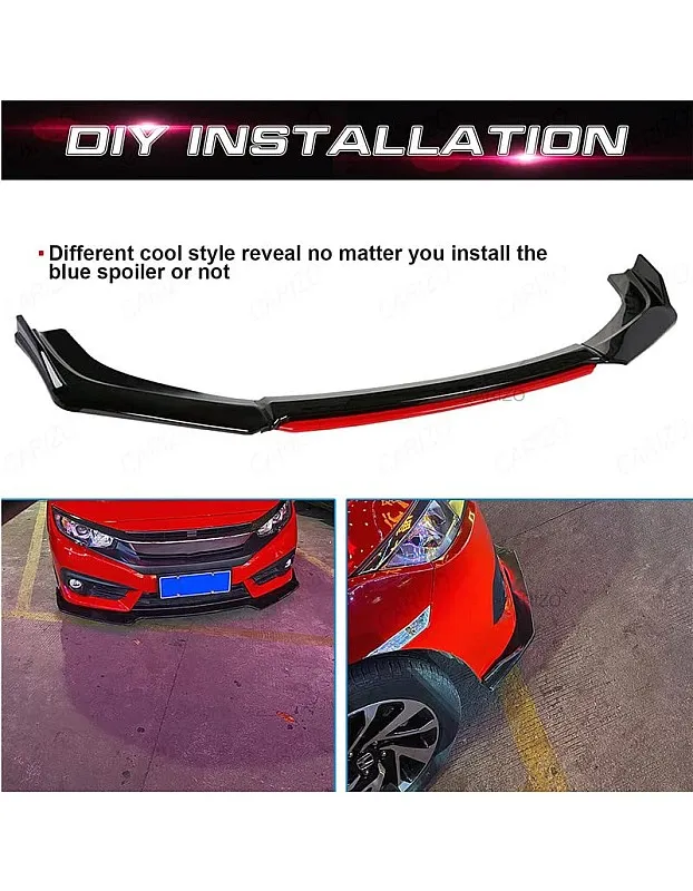 CARIZO Universal Car (4 Pcs, Glossy Black with Red Tongue) Front Bumper Lip Chin Spoiler Splitter Body Kit Compatible with Mahindra Verito
