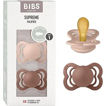 BIBS Supreme Pacifiers 2 Pack | BPA-Free | Symmetrical Nipple| Natural Latex, Made in Denmark | Size 1 (0-6 months (Pack of 2), Woodchuck/Blush