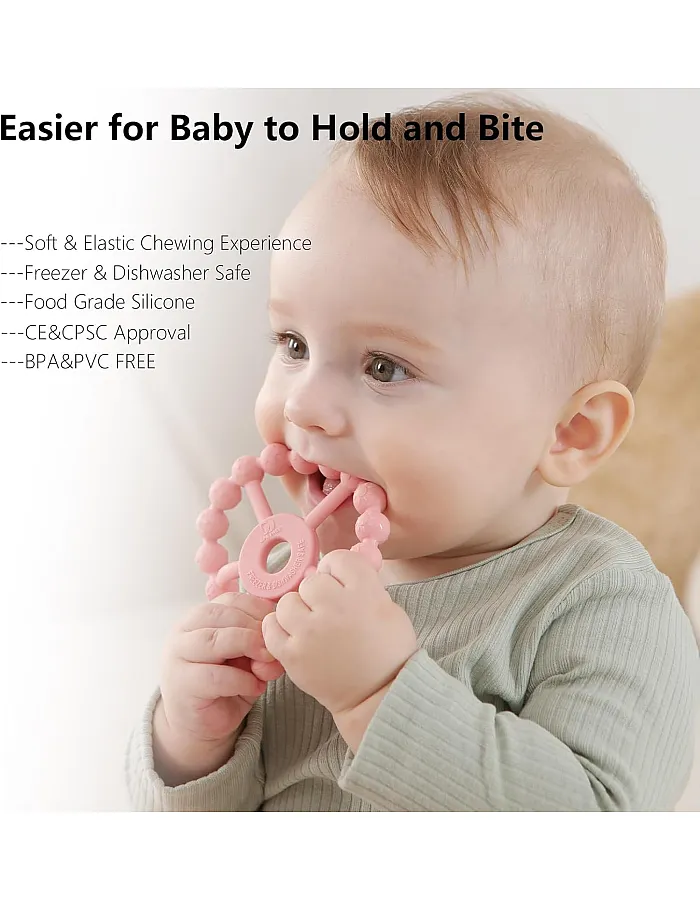 KIDSZONE Silicone Ring Teether for Babies – BPA-Free Food Grade, Easy to Grasp, Freezer & Dishwasher Safe, Teething Relief for Boys & Girls 0-6 to 12 Months (Assorted Colors)