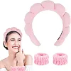 Headband and 2 Hair Bands, Women Sponge Terry Towel Headband for Skin Care, Face Washing, Makeup Removal, Shower, Face Mask Application, Soft and Absorbent Material (Pink, One Size)