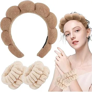 Spa Headband for Washing Face Wristband Sponge Makeup Skincare Headband Terry Cloth Bubble Soft Get Ready Hairband for Women Girl Puffy Padded Headwear Non Slip Thick Hair Accessory (Black, Standard)