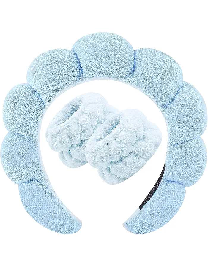 Spa Headband for Washing Face Wristband Sponge Makeup Skincare Headband Terry Cloth Bubble Soft Get Ready Hairband for Women Girl Puffy Padded Headwear Non Slip Thick Hair Accessory (Black, Standard)