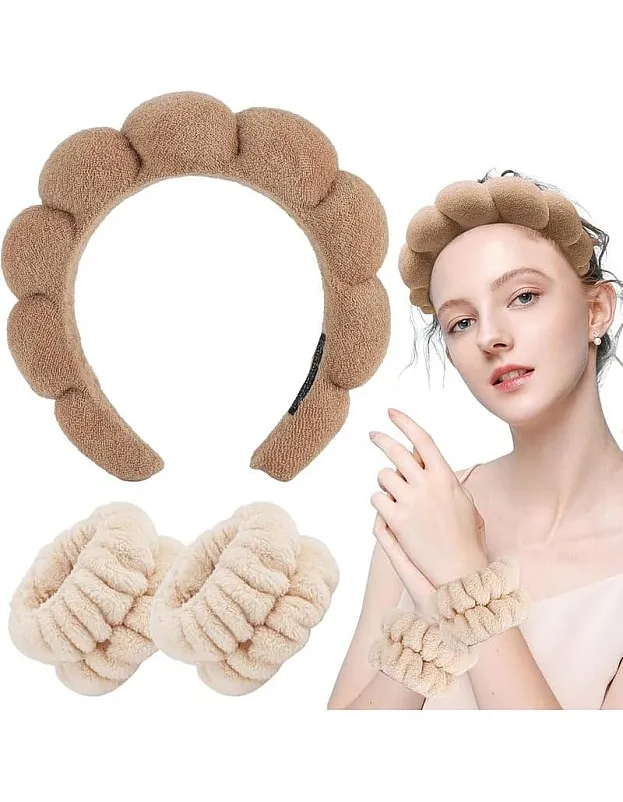 Spa Headband for Washing Face Wristband Sponge Makeup Skincare Headband Terry Cloth Bubble Soft Get Ready Hairband for Women Girl Puffy Padded Headwear Non Slip Thick Hair Accessory (Black, Standard)