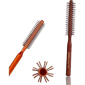 Professional Round Brush, 1-Inch Wooden Handle, Nylon Bristles, Heat Resistant, for Beard Styling, Short Hair, Bangs, Blow Drying, Volumizing