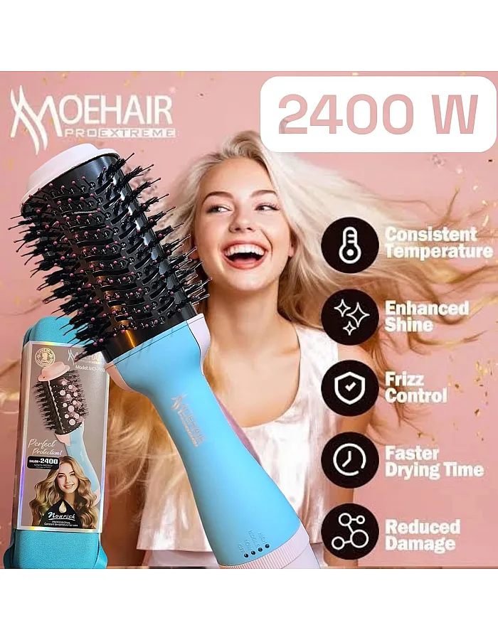 مجفف شعر ساخن ايوني بقوة 2400 وات وطلاء سيراميك وسلك دوار 360 درجة، فرشاة شعر لتقليل تجعد الشعر وزيادة كثافته لجميع أنواع الشعر، MO-7169