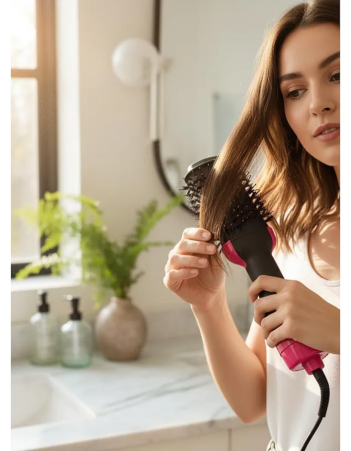 Hair Dryer Brush with Black Ion Technology, 1000W,Wide Oval Design 19cm, 3 Heat Settings,360° Airflow Hot Air Brush for Fast Drying & Styling,Ionic Anti-Frizz Technology.