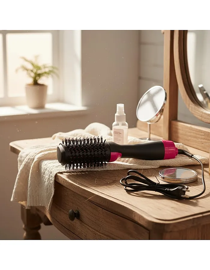 Hair Dryer Brush with Black Ion Technology, 1000W,Wide Oval Design 19cm, 3 Heat Settings,360° Airflow Hot Air Brush for Fast Drying & Styling,Ionic Anti-Frizz Technology.