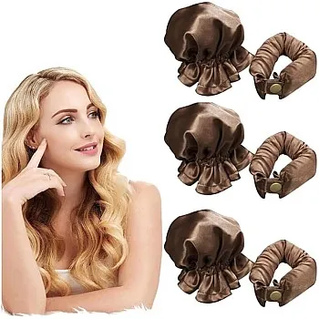 Satin Heatless Hair Curlers Set, 6 Pack Overnight Curling Rollers with Hair Caps, brown, Small Size, All Hair Types, 15 cm Width