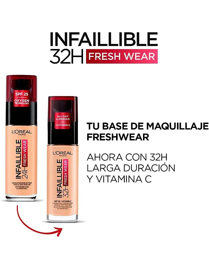 L'Oréal Paris Infallible 32H Fresh Wear Foundation 225 Beige Sand, longwear, weightless feel, transfer-proof and waterproof, full coverage base with Vitamin C, SPF 25
