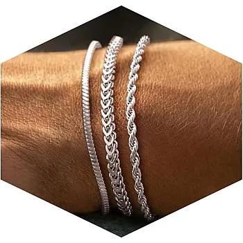 3 Pcs Stackable Braclet for Men, Dainty Sterling Silver Chain Bracelet for Men Non Tanish Simple Cuban Snake Rope Link Chain Bracelet Set for Mens Jewelry 6.5/7/7.5/8/8.5/9 Inches