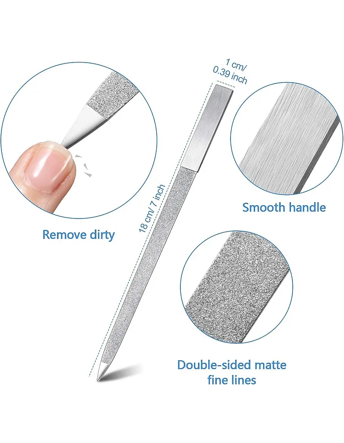 Diamond Nail File Stainless Steel Double Side Nail File Metal Buffer Women Men Fingernails Toenails Manicure for Salon and Home, Silver-20cm