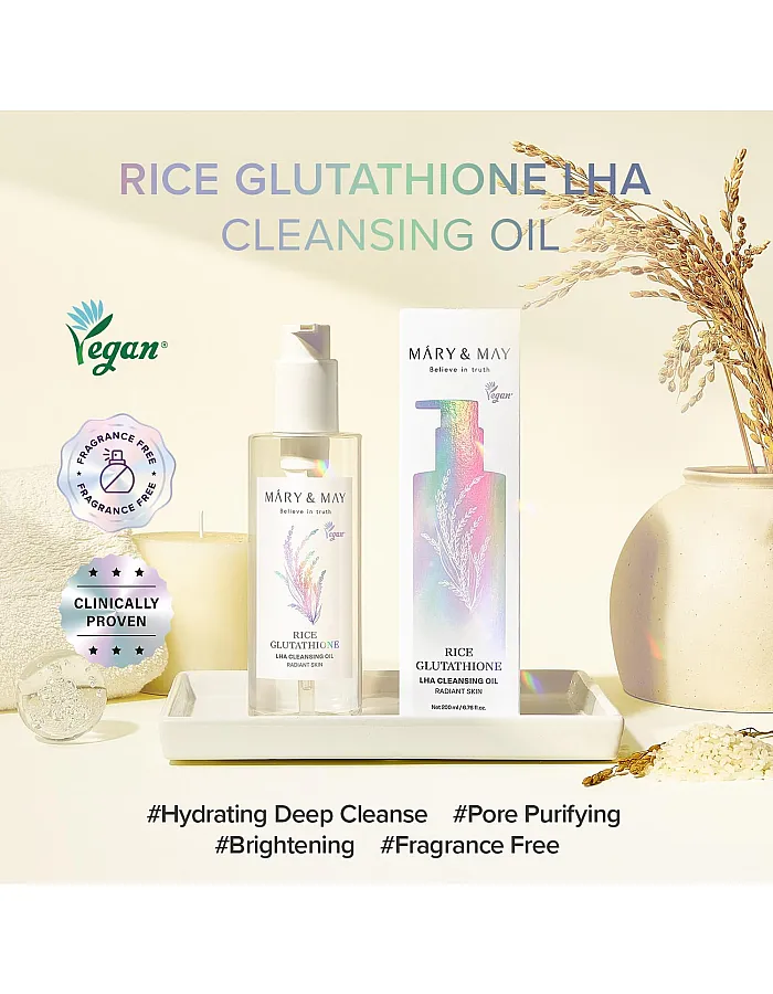 Mary&May Rice Glutathione LHA Cleansing Oil - Deep Pore Cleansing, Blackhead & Whitehead Removal - Korean Makeup Remover with Rice Bran Oil, Gentle Exfoliation, Clean Beauty, 200ml