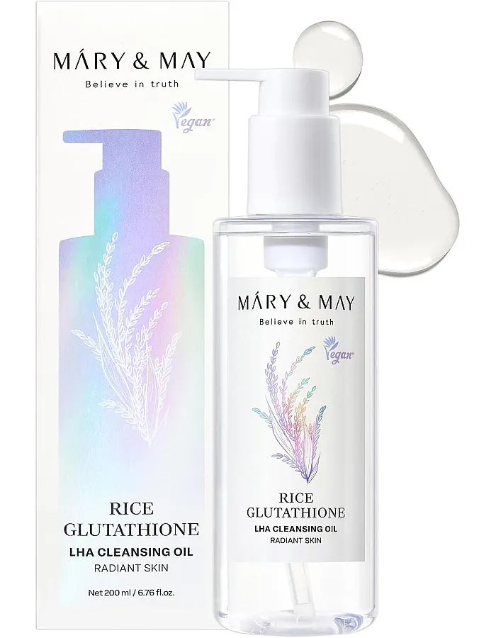 Mary&May Rice Glutathione LHA Cleansing Oil - Deep Pore Cleansing, Blackhead & Whitehead Removal - Korean Makeup Remover with Rice Bran Oil, Gentle Exfoliation, Clean Beauty, 200ml