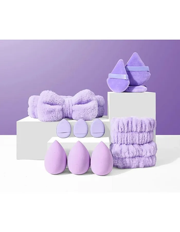 14 Piece Professional Makeup Sponge Set – Soft Beauty Blender Sponges with Hair Band, Applicator Pads & Headband – Apply Foundation & Powder with Precision and Style (Purple)