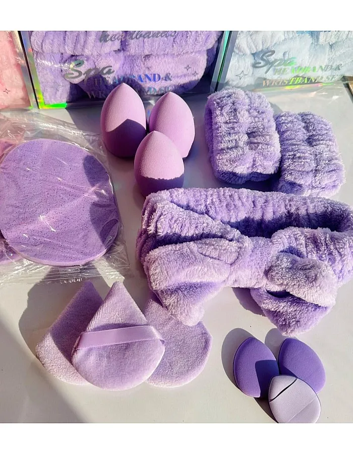 14 Piece Professional Makeup Sponge Set – Soft Beauty Blender Sponges with Hair Band, Applicator Pads & Headband – Apply Foundation & Powder with Precision and Style (Purple)