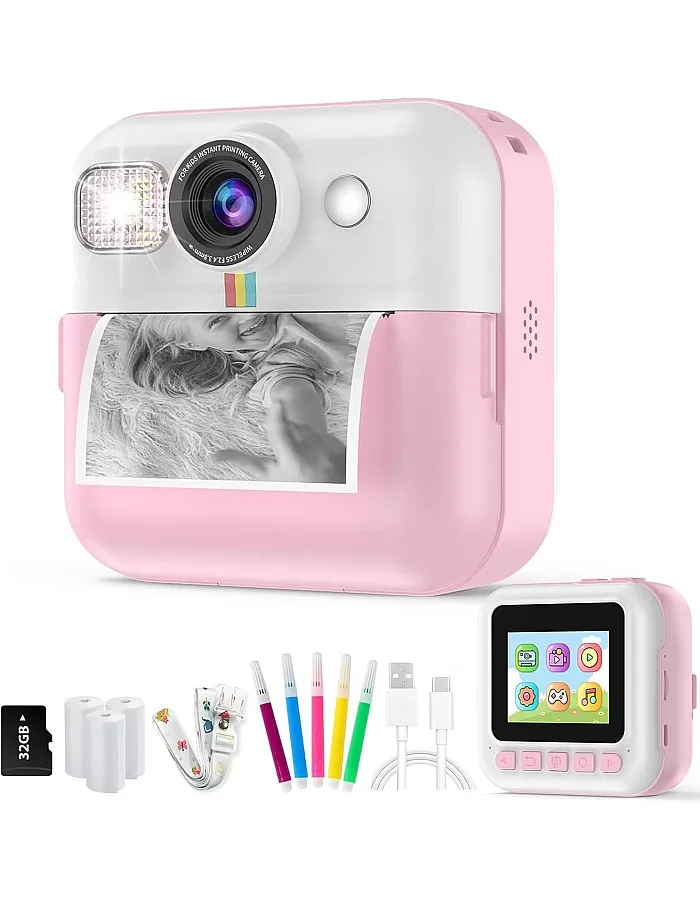 Kids Camera,Instant Print Camera for Kids with 1080P HD Video,Digital Camera with 3 Roll No-Ink Print Paper and 32GB Card,2.4 Inch Screen, Pink Camera Birthday Gifts for Girls 8-10 Years