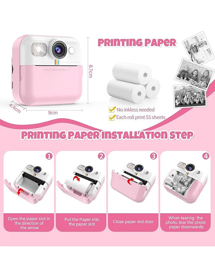 Kids Camera,Instant Print Camera for Kids with 1080P HD Video,Digital Camera with 3 Roll No-Ink Print Paper and 32GB Card,2.4 Inch Screen, Pink Camera Birthday Gifts for Girls 8-10 Years