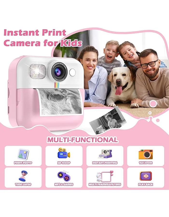 Kids Camera,Instant Print Camera for Kids with 1080P HD Video,Digital Camera with 3 Roll No-Ink Print Paper and 32GB Card,2.4 Inch Screen, Pink Camera Birthday Gifts for Girls 8-10 Years