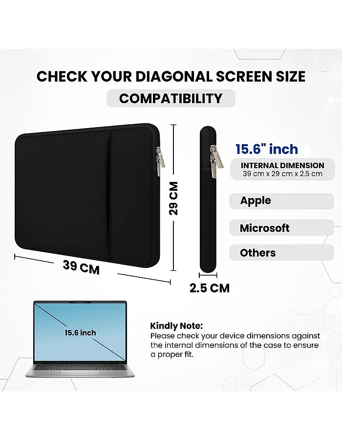 Dyazo Laptop Sleeve 15.6 inch, Durable Shockproof Protective Neoprene Case Cover Carrying Bag Case with Front Pockets Compatible for HP/Crome Book/Asus & other Laptop, Notebook, Black