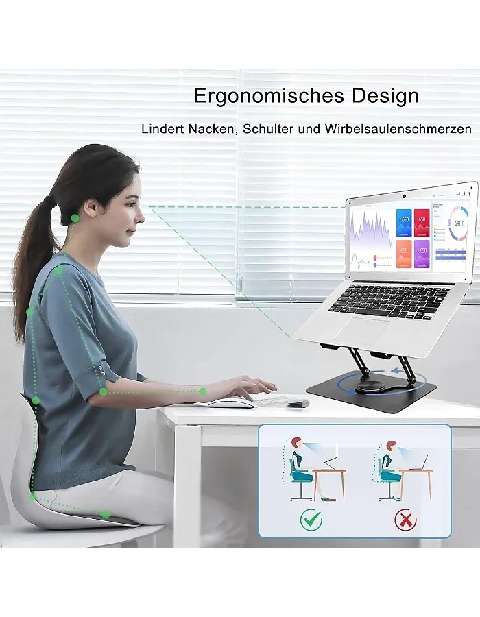 Laptop Stand with 360° Rotating Base, Height-Adjustable Laptop Stand, Ergonomic Notebook Stand, Ventilated Laptop Holder, Compatible with 10-17 Inch MacBook Pro/Air, Dell, Lenovo, Acer, Huawei