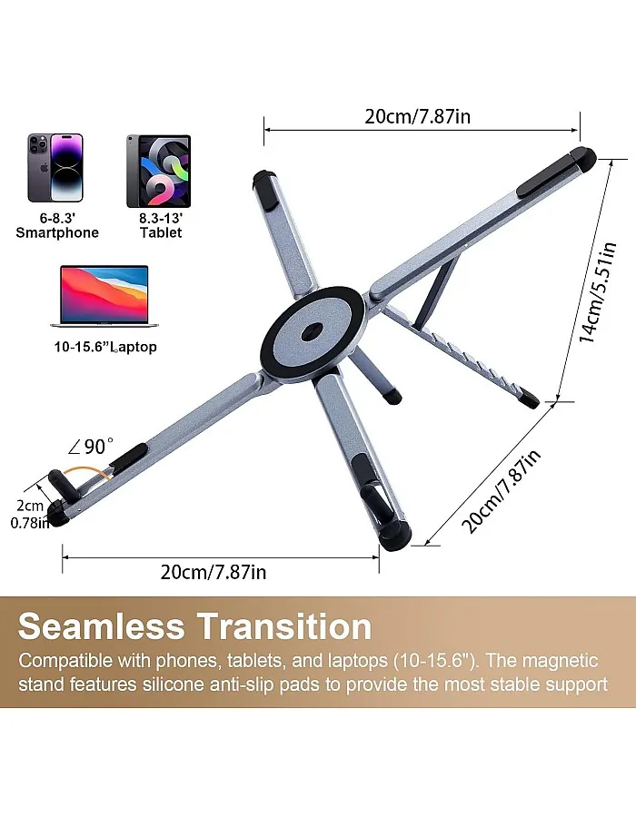 Magnetic Laptop & Mobile Stand – Foldable Adjustable Aluminium Alloy Desk Holder with Strong Suction Grip | Portable Multi-Angle Phone, Tablet & Laptop Stand