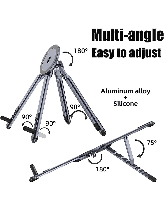 Magnetic Laptop & Mobile Stand – Foldable Adjustable Aluminium Alloy Desk Holder with Strong Suction Grip | Portable Multi-Angle Phone, Tablet & Laptop Stand