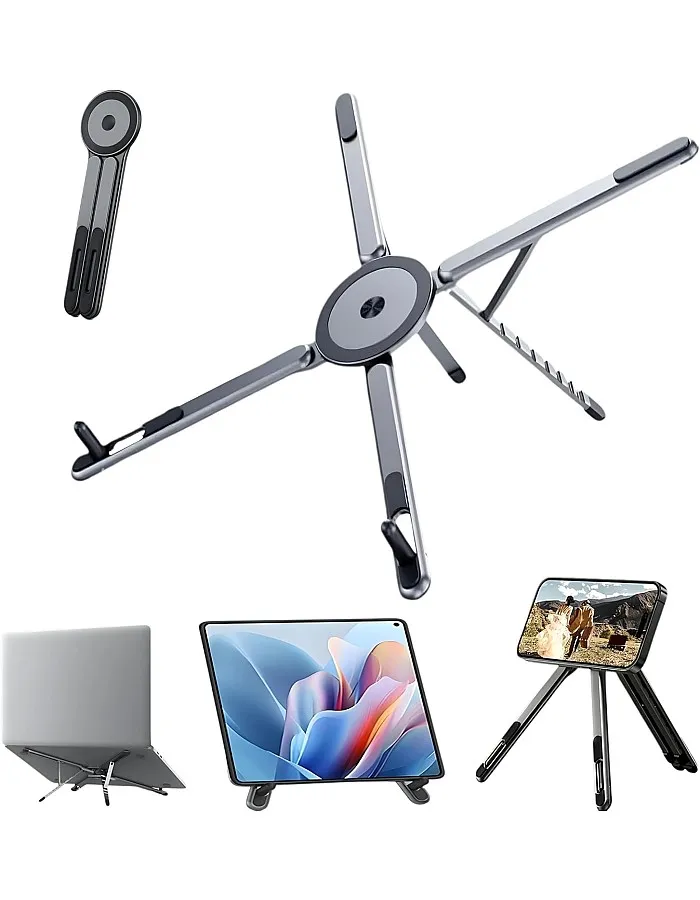 Magnetic Laptop & Mobile Stand – Foldable Adjustable Aluminium Alloy Desk Holder with Strong Suction Grip | Portable Multi-Angle Phone, Tablet & Laptop Stand