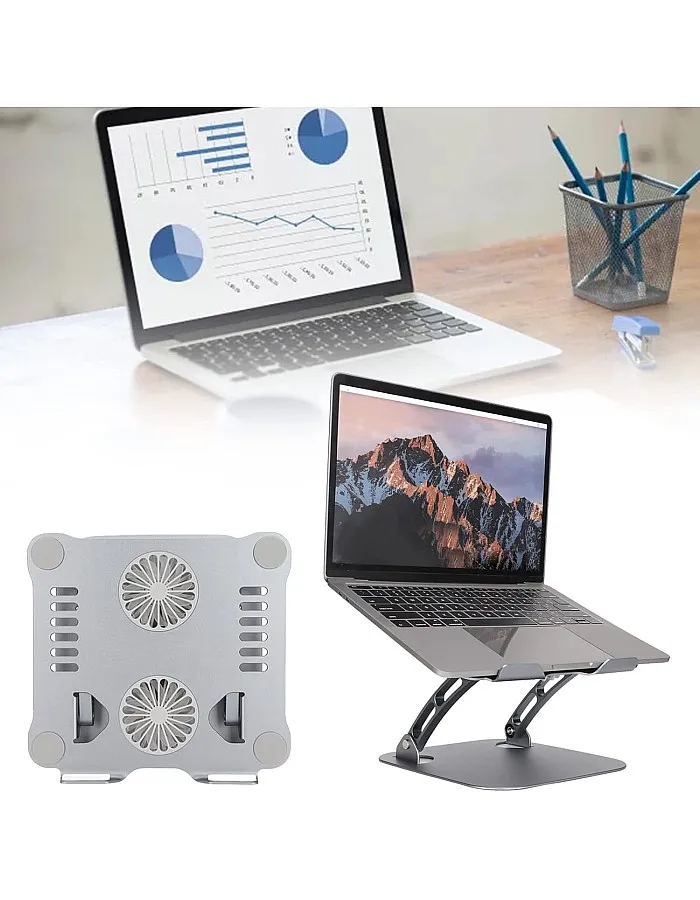 TechTrendz Aluminum Alloy Laptop Stand With Cooling Fan, PC Stand,Tablet Stand, Foldable,USB Connection,Adjustable Height Up to 16’’,Strong Cooler Stand,Suitable for Office,WFH,Business Trips (Silver)