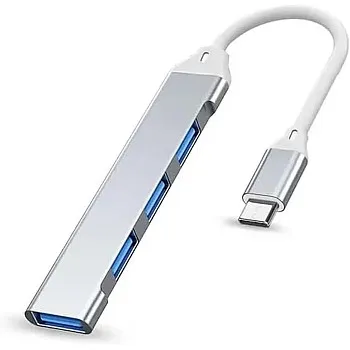 Herfair USB Expander, 4 Ports Type-C to USB 3.0 Adapter, Ultra Slim OTG Dongle Compatible With Windows, MacBook Pro/Air, Chrome - Space Silver