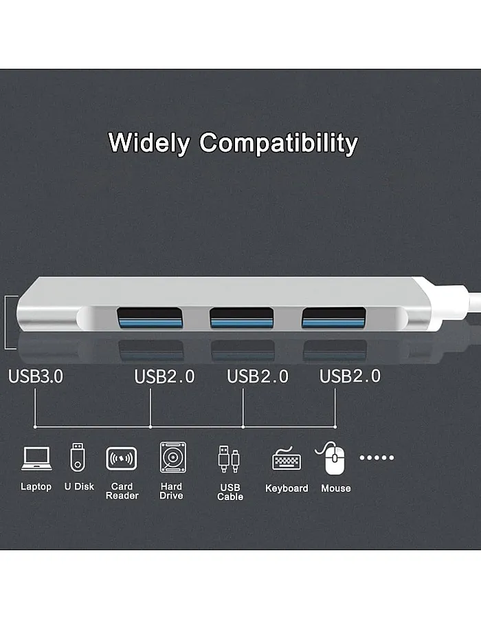 Herfair USB Expander, 4 Ports Type-C to USB 3.0 Adapter, Ultra Slim OTG Dongle Compatible With Windows, MacBook Pro/Air, Chrome - Space Silver