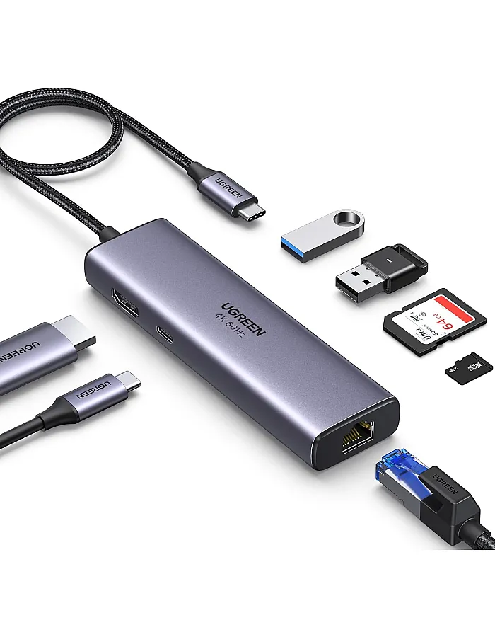 موزع USB نوع C 7 في 1 من يوجرين مع جيجابت ايثرنت 4K @60Hz HDMI، شحن بي دي 100 وات، قارئ بطاقات SD/TF، منفذين USB 3.0، قاعدة USB C متوافقة مع ماك M1، M2، اي باد، آ
