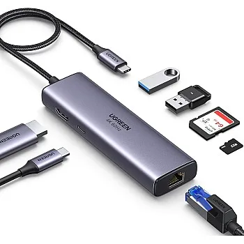 UGREEN 7in1 USB C Hub with Gigabit Ethernet 4K@60Hz HDMI, 100W PD Charging, SD/TF Card Reader, 2 USB 3.0 Ports USB C Dock Compatible with Mac M1, M2, iPad, iPhone 15 Pro/Pro Max, Steam Deck (60515)